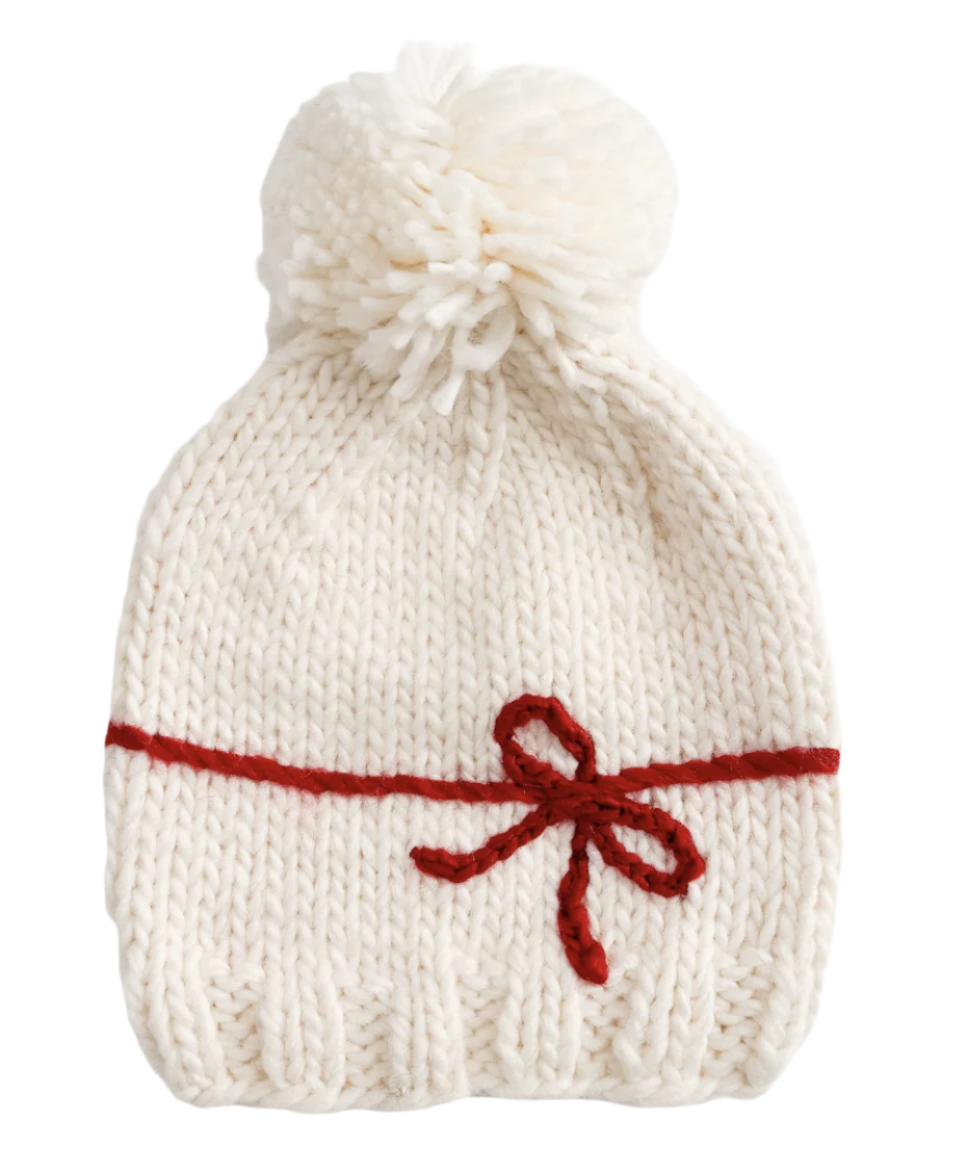 Holiday Christmas Bow Hat - Cream/Red