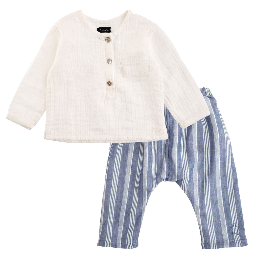 Gauze Top & Striped Pant Set